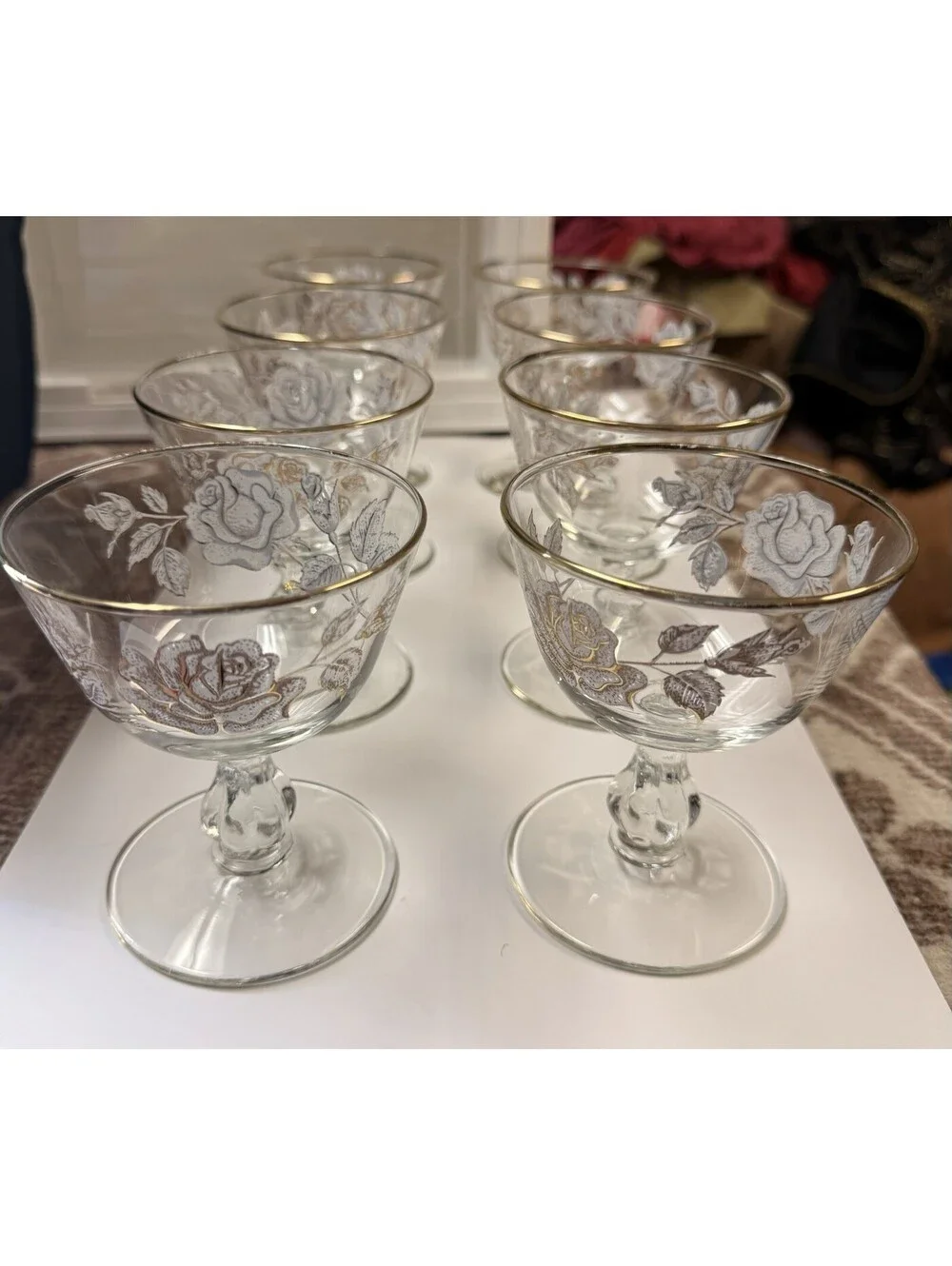 Vintage Libby Rose Set of 8 Clear Champagne Coupe Glasses Etched Gold Rim Floral